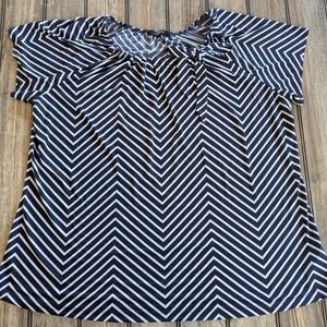 Liz McCoy woman size 2X blouse with tie bow on side of neck in navy and white